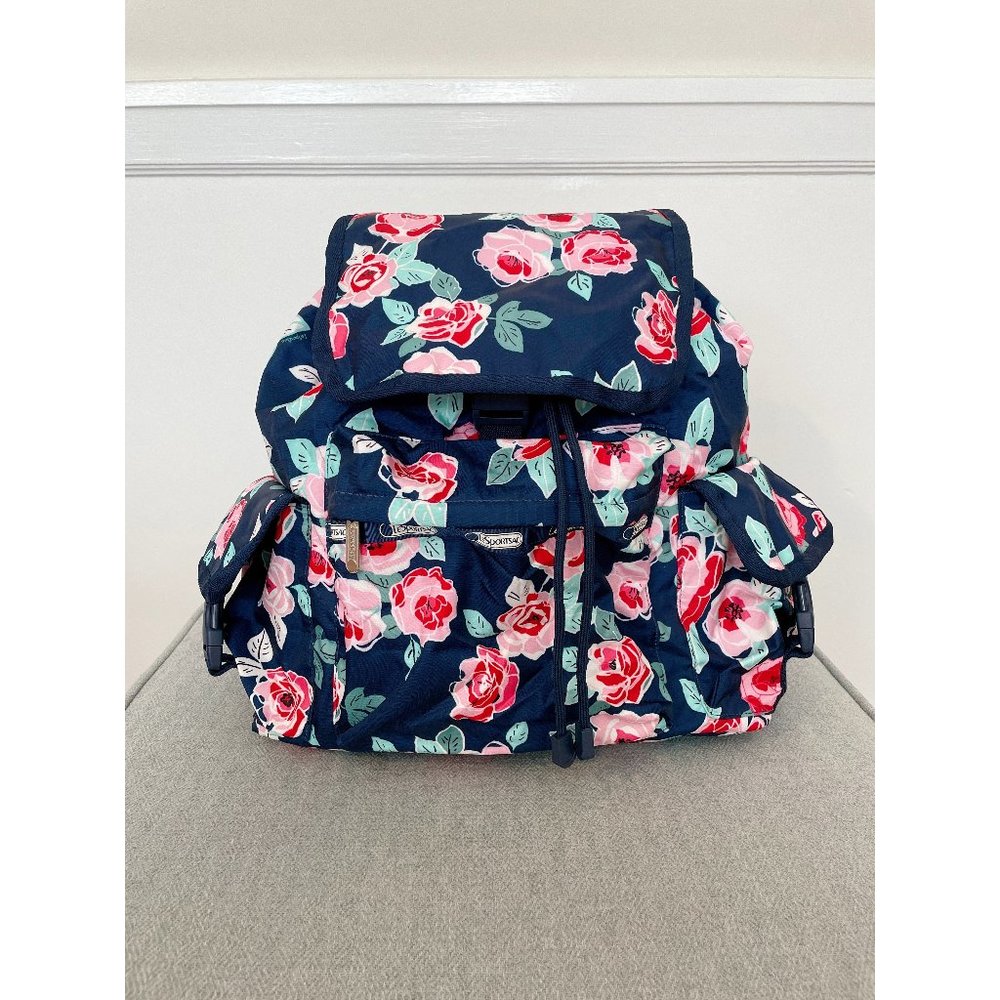 LeSportsac Voyager Drawstring Nylon Backpack Blue Floral